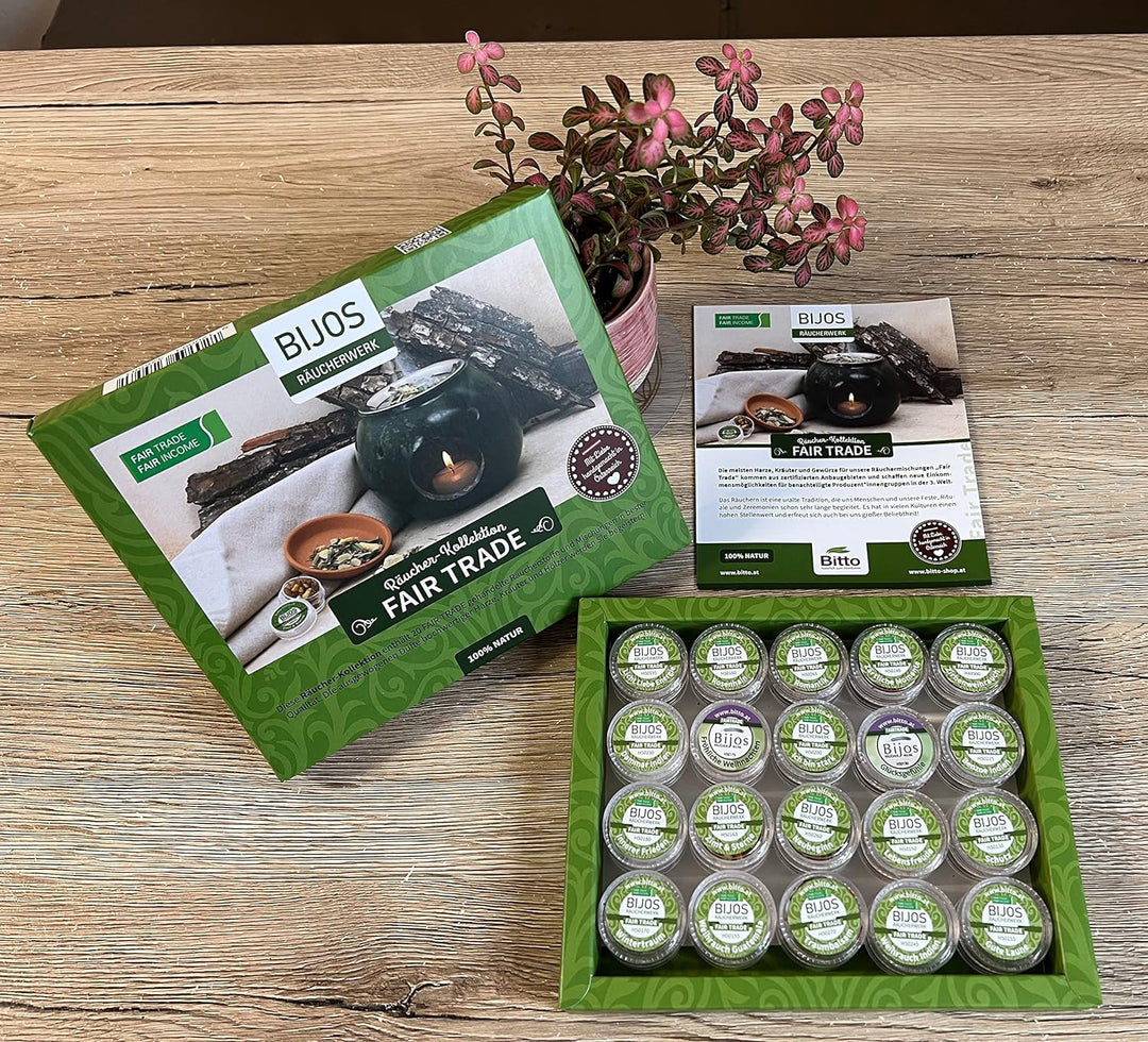 Bijos Räucherwerk Sortimentsbox Fair Trade, gefüllt mit 20 der beliebtesten Räucherwerk und Entspann