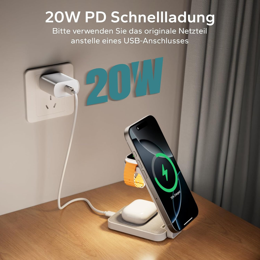 Eazpower Magsafe Ladestation für Apple Watch und iPhone 3 In 1 Faltbar, Kabellose iPhone Ladestation