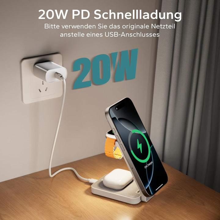 Eazpower Magsafe Ladestation für Apple Watch und iPhone 3 In 1 Faltbar, Kabellose iPhone Ladestation