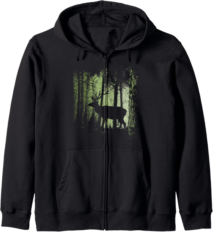 Dämmerung Zwielicht Wald Rotwild Hirsch Silhouette Kapuzenjacke