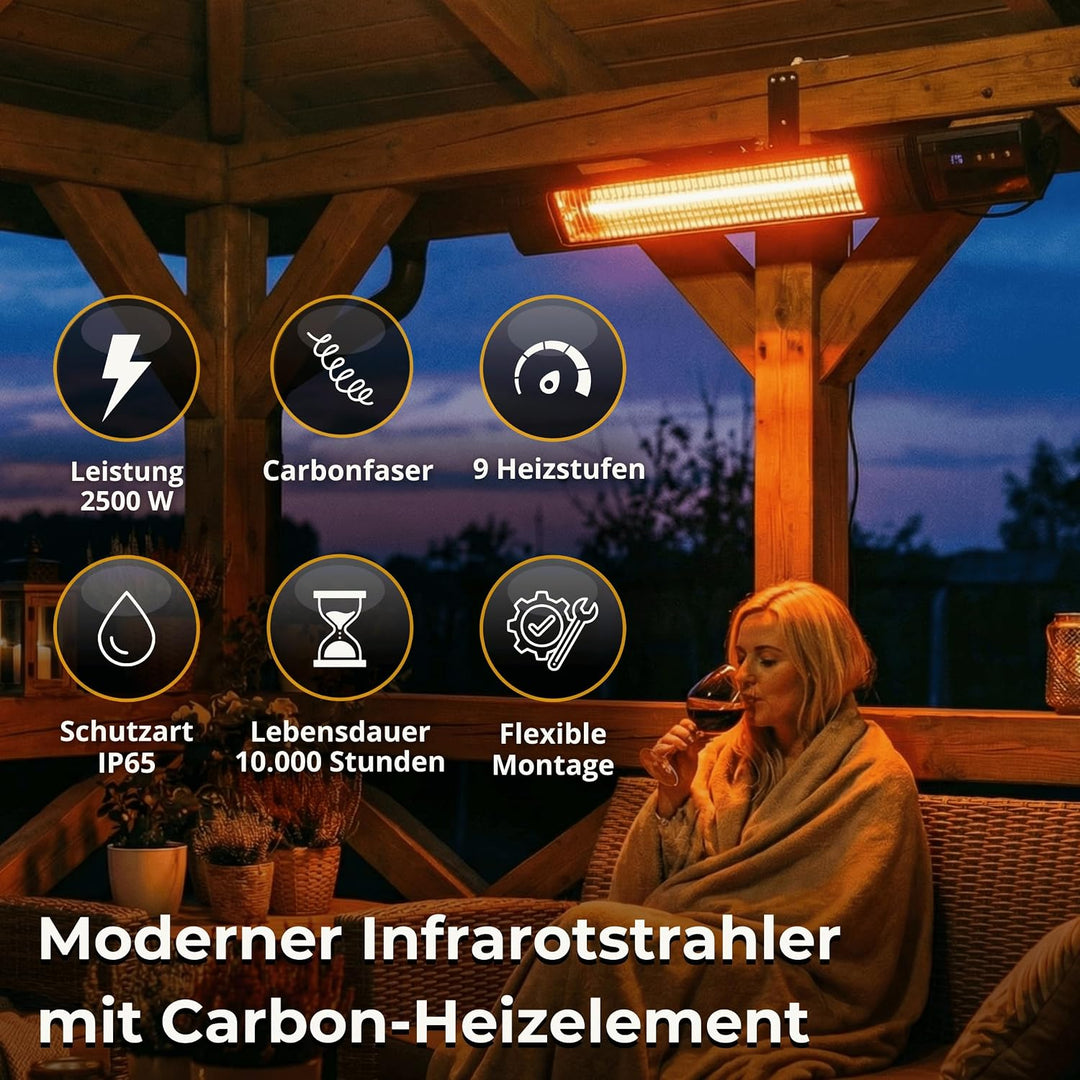 Infrarot Heizstrahler 2500W, 9 Stufen, IP65, Montageketten, Fernbedienung, Timer, Elektroheizung RAY