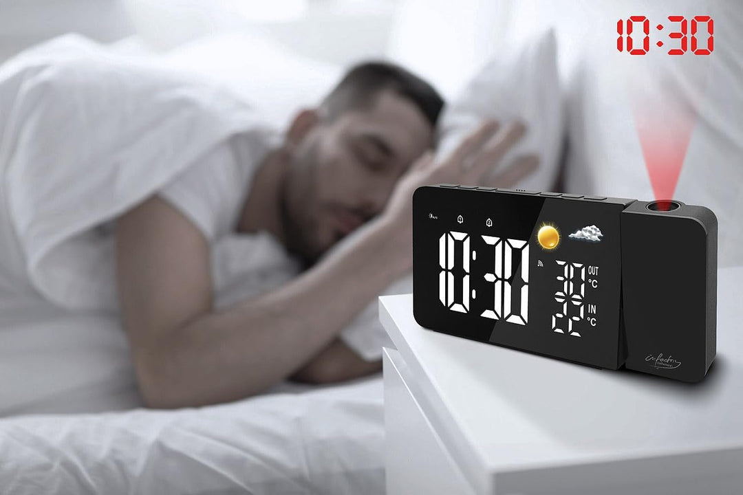 infactory Uhr Projektor: Funk-Wetterstation mit Projektionswecker, Aussensensor, USB, schwarz (Duala