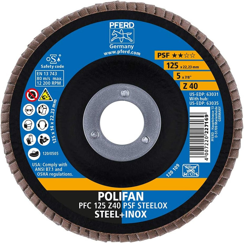 PFERD Fächerscheibe POLIFAN 5 Stück | Ø 125 mm, Z 40, konisch, PSF STEELOX | 69398192 – für Stahl un