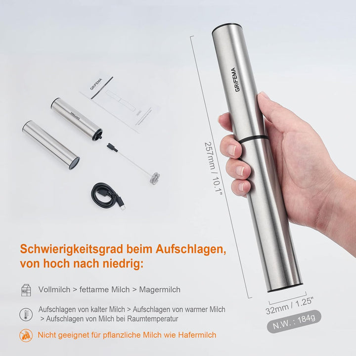GRIFEMA Milchaufschäumer Stab Elektrisch, Tragbar Milk Frother Aufladbar, 13000 U/min, handmilchaufs