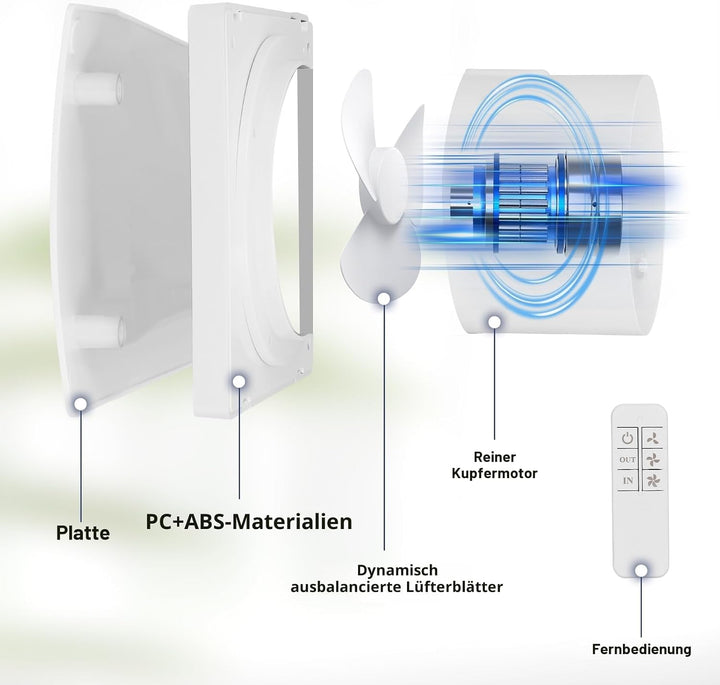 Badlüfter 100mm mit Fernbedienung, Bidirektional, 3 Geschwindigkeiten, 30db Leiser Betrieb, Wandvent