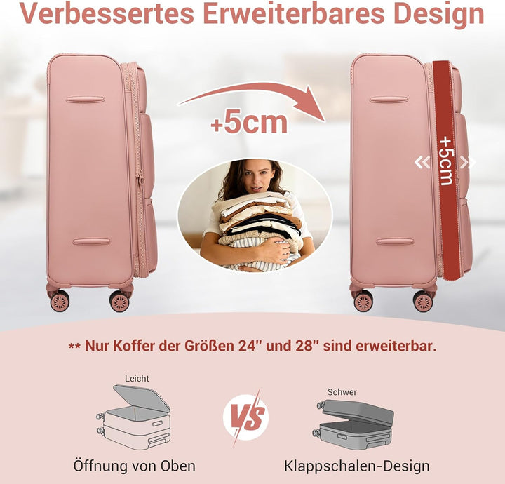 Miss Lulu Stoff Kofferset 3 Teilig, Leichter weicher Reisekoffer mit Volumenerweiterung, Rollkoffer