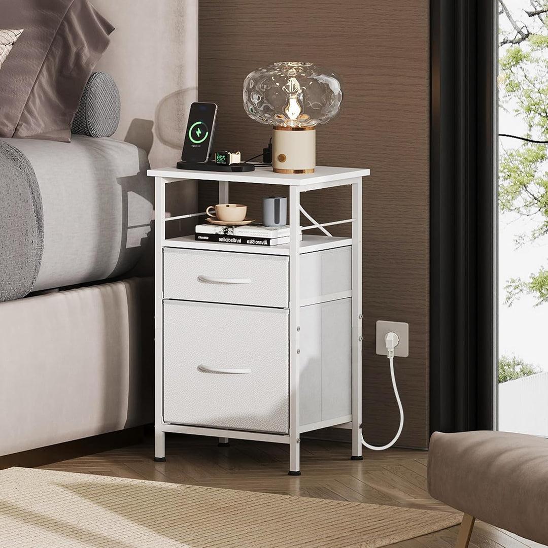 WLIVE Nachttisch Weiss mit Steckdose, Beistelltisch mit 2 Stoff-Schubladen und Ablage, Metallrahmen,