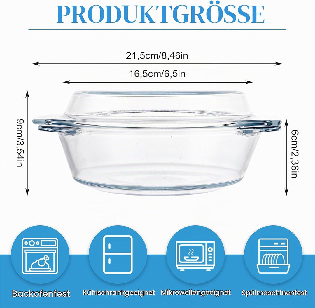 YAYODS Glas Auflaufform mit Deckel 1000ml - Kleine Auflaufform Runde - 21,5 cm Lasagneform Mikrowell