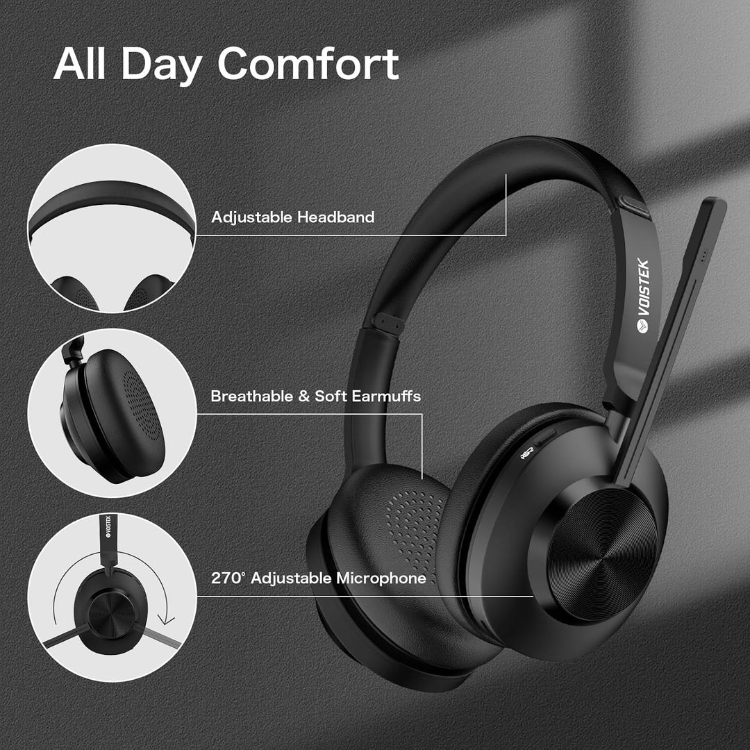 Voistek Headset mit Mikrofon Bluetooth & USB Dongle, 50Std. Akku, On Ear Wireless Headset mit Mikrof