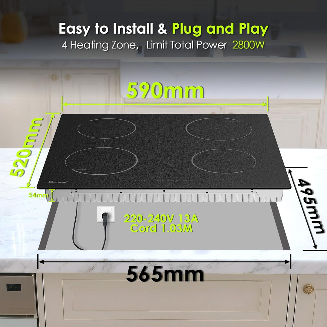 GIONIEN Induktionskochfeld mit Stecker 60cm 16Amp,Integriertes Elektrokochfeld Plug in mit Brückenzo