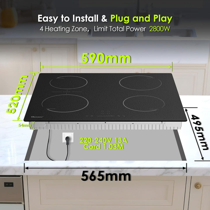 GIONIEN Induktionskochfeld mit Stecker 60cm 16Amp,Integriertes Elektrokochfeld Plug in mit Brückenzo