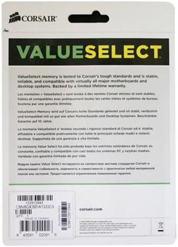 Corsair CMV8GX3M1A1333C9 Value Select 8GB (1x8GB) DDR3 1333 Mhz CL9 Standard Desktop Memory 1333Mhz
