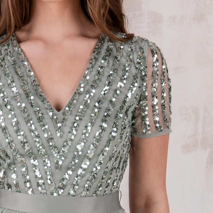 Maya Deluxe Damen Ballkleid Abendkleid V-Ausschnitt Maxi Länge Pailletten Kurze Ärmel für Hochzeit G