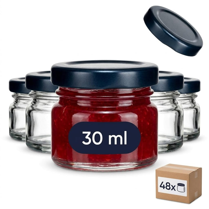 gouveo 48er Set Einmachgläser 30 ml (0,03 l) Mini mit Schraubverschluss schwarz-matt – Runde Mini Vo