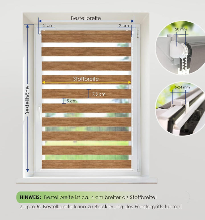 Rikmani Doppelrollo Fensterrollo LUIS Duo-Rollo Klemmfixierung Zebrarollo Seitenzugrollo ohne Bohren