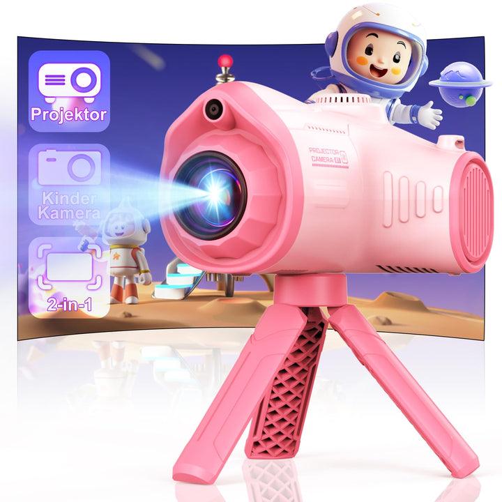 2 in 1 Kinderkamera mit Projektion, Stativ, 32GB-Karte, grosser Akku, Geschenk für 3-12 Jahre (Rosa)