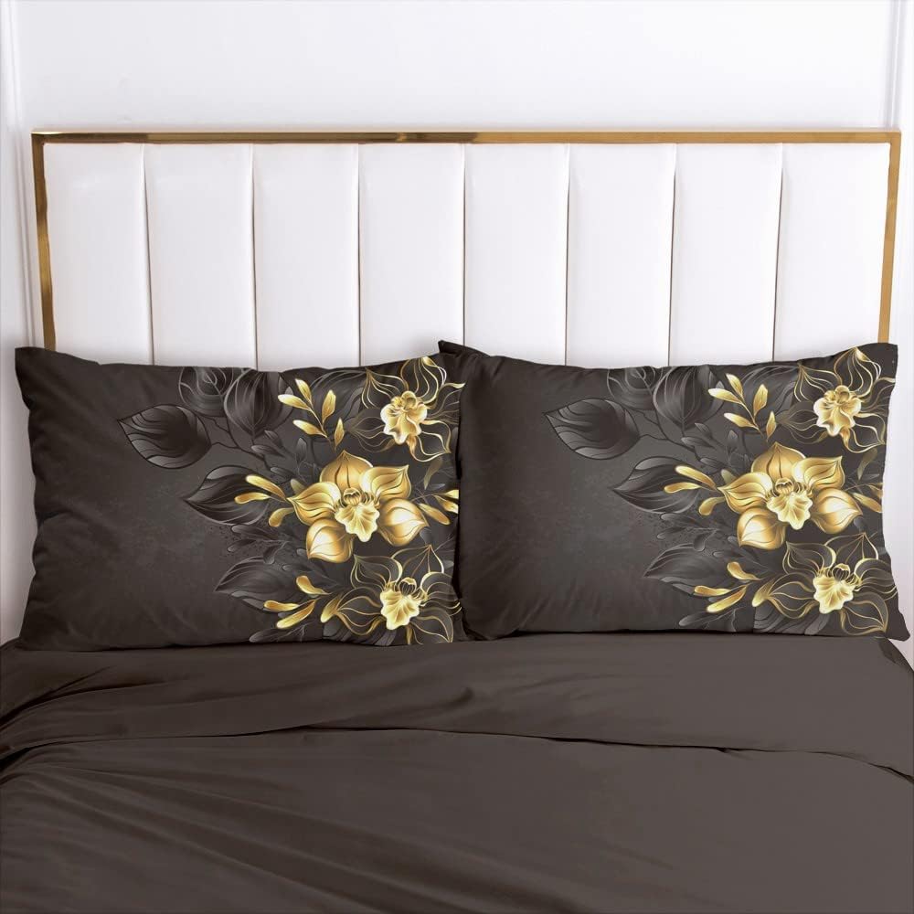 Luowei Blumen Bettwäsche 220x240cm Schwarz Gold Romantische Floral Bettbezug mit Reissverschluss Mic