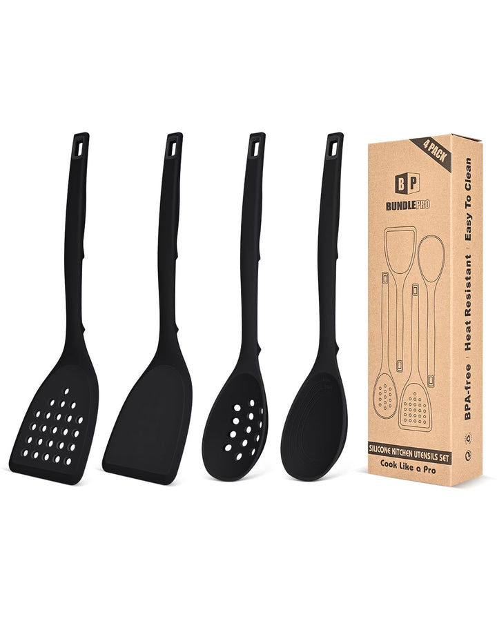 Packung von 4 Silikon Kochgeräte Set, Non-Stick-Festspalten und hitzebeständige Schlitzlöffel mit Rü
