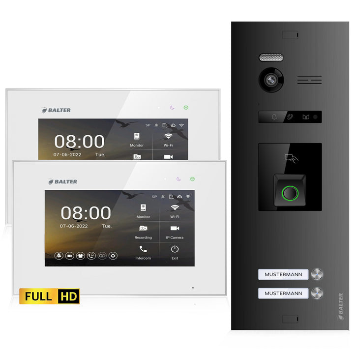 Balter EVO-HD Video Türsprechanlage mit Fingerprint, Video Türklingel, 2 Familienhaus, 2X 7 Zoll Mon