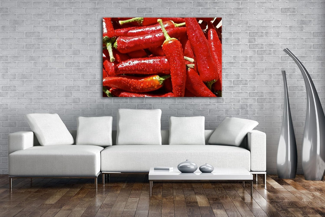 extrem scharfe Peperoni Format: 100x70 als Leinwandbild, Motiv fertig gerahmt auf Echtholzrahmen, Ho