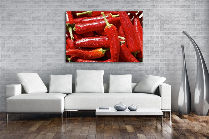 extrem scharfe Peperoni Format: 100x70 als Leinwandbild, Motiv fertig gerahmt auf Echtholzrahmen, Ho