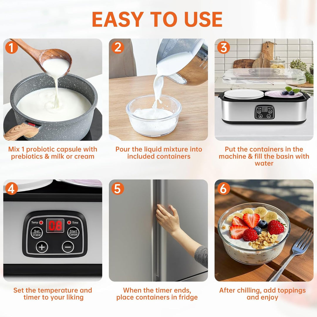 2L Joghurtbereiter Elektrischer Joghurt, Marmelade Eis & Pudding Maker mit 2 Glasbechern LED Timer P