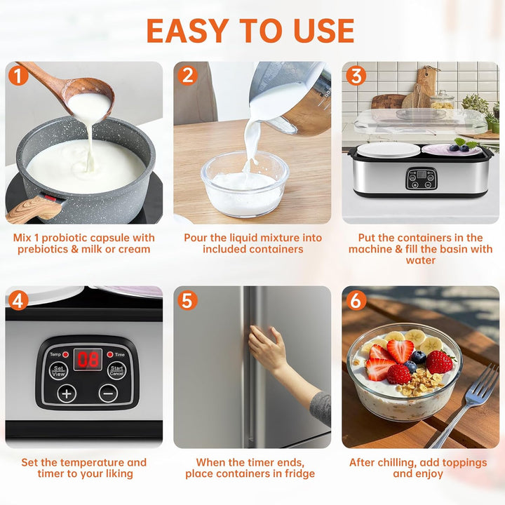 2L Joghurtbereiter Elektrischer Joghurt, Marmelade Eis & Pudding Maker mit 2 Glasbechern LED Timer P