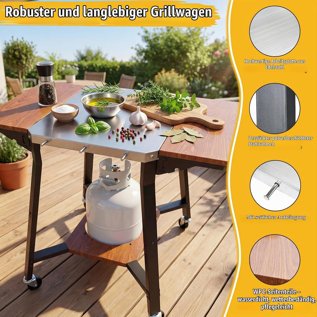 GFTIME Grillwagen mit Edelstahl-Arbeitsplatte, BBQ Wagen mit 2 klappbaren Seitenablagen, Gasflaschen