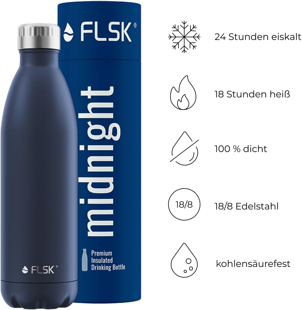 FLSK Trinkflasche – Premium Edelstahl Thermosflasche – 100% auslaufsicher & kohlensäuregeeignet – hä