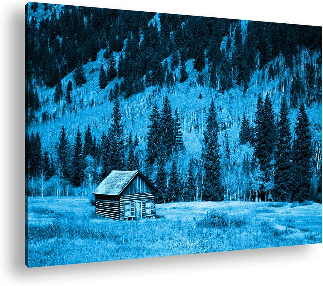 deyoli Blockhaus im Wald Format 100x70 Effekt: Monocrome Blau als Leinwandbild, Motiv fertig gerahmt