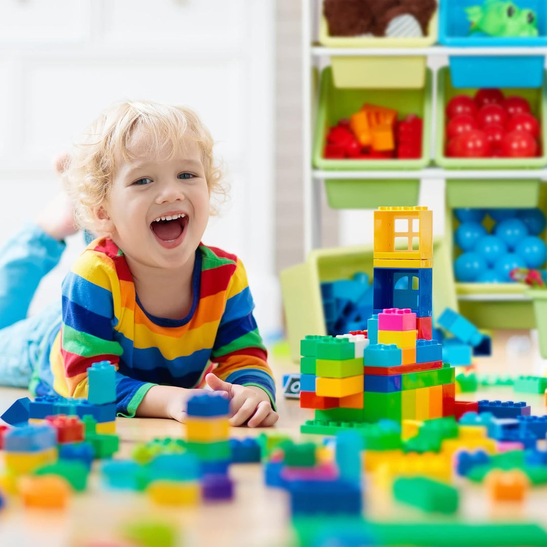 Relaxdays Kinderregal, 9 Aufbewahrungsboxen, Lagerfeuer Motiv, MDF, Kunststoff, Spielzeugregal HBT: