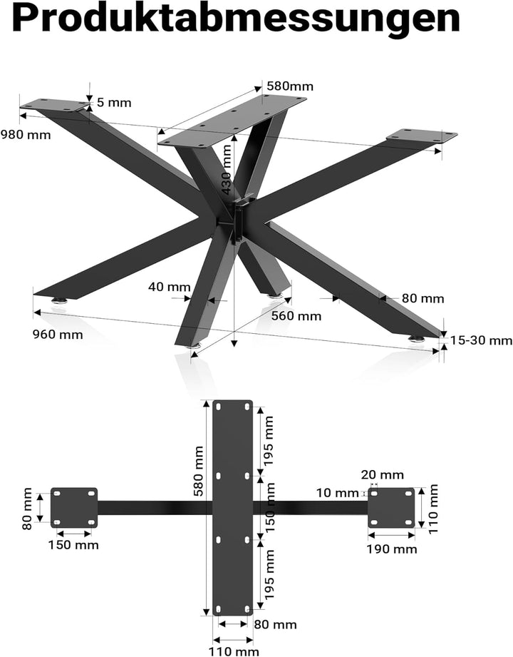 Tischkufen Tischgestell aus Stahl 43x58x98cm Spidergestell in Schwarz Tischbeine mit Spider-Profil,