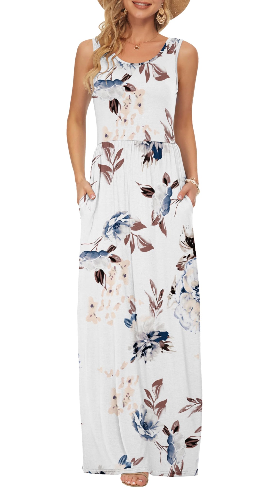 AUSELILY Damen Sommer Ärmelloses Lockeres Maxikleid Lässiges Langes Kleid mit Taschen Weisse Blumen