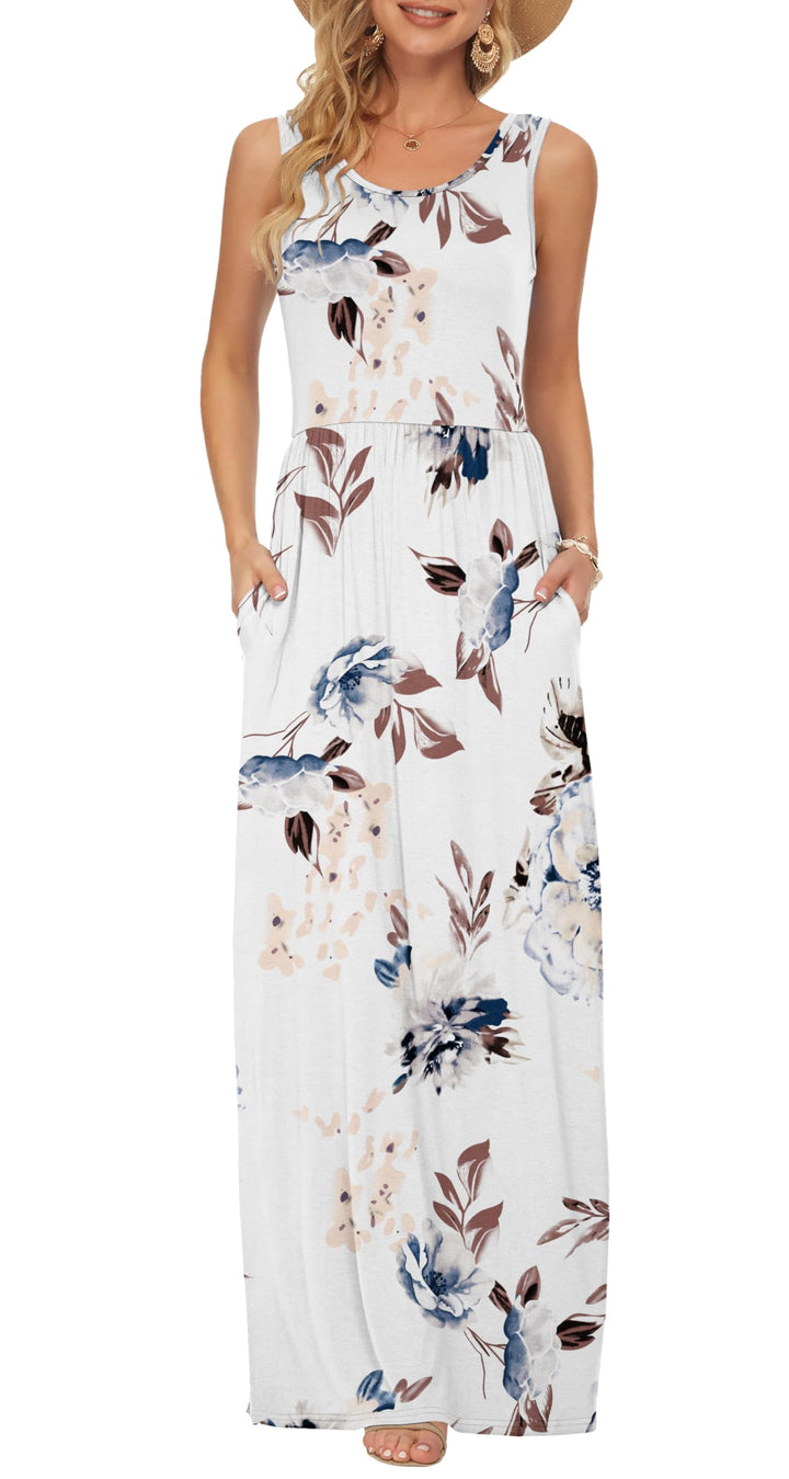 AUSELILY Damen Sommer Ärmelloses Lockeres Maxikleid Lässiges Langes Kleid mit Taschen Weisse Blumen