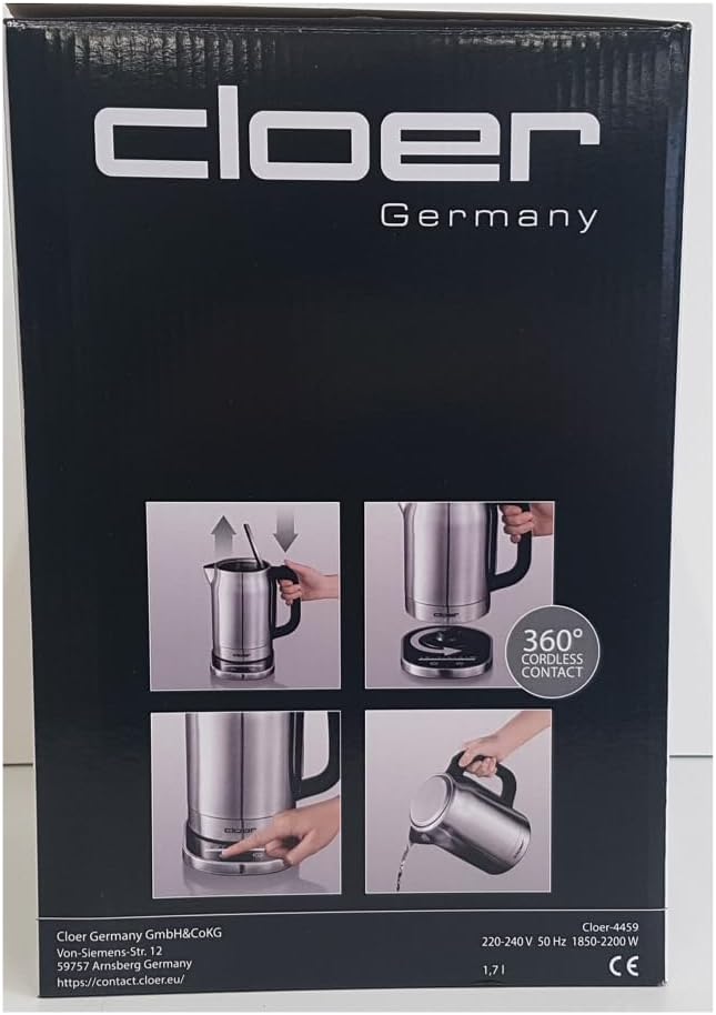 Cloer 4459 Touch-Wasserkocher, Basisstation mit Glasoberfläche-LED-Anzeige, 1,7 Liter, Edelstahl Tou