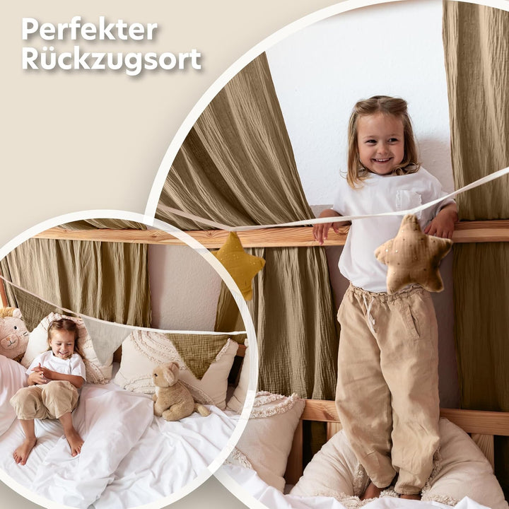 Hausbett Himmel mit Gold Applikation [in 12 Farben] Betthimmel Hausbett aus 100% Baumwolle Musselin