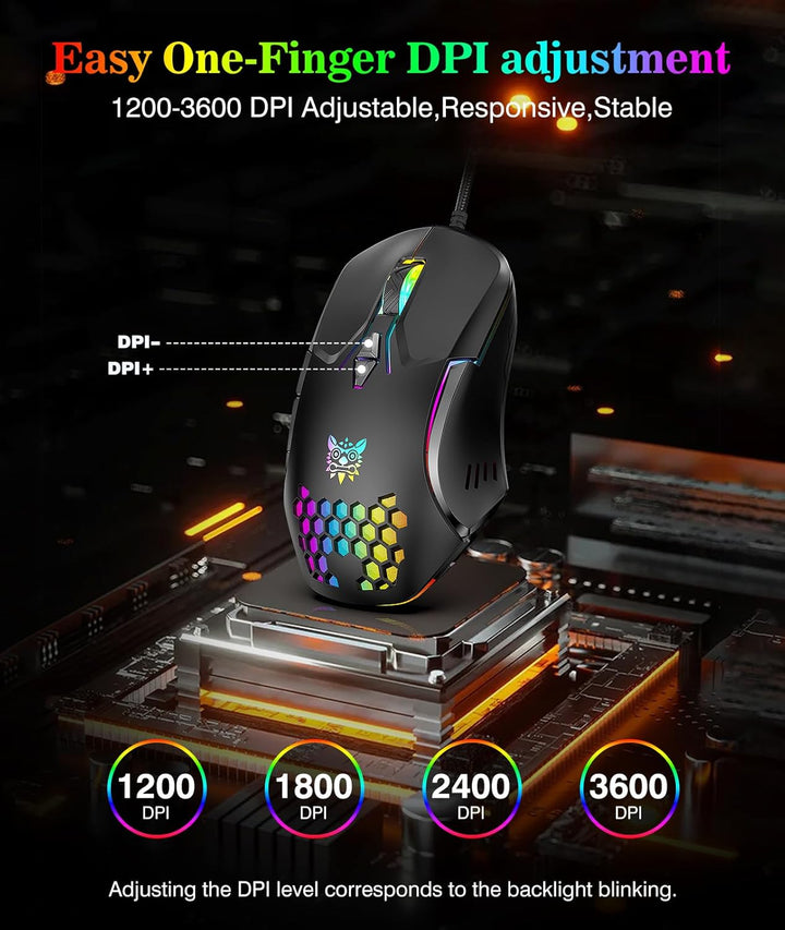 ONIKUMA GAMING Kabelgebundene Gaming-Maus mit 7 Farben LED-Hintergrundbeleuchtung, Computer-Maus für