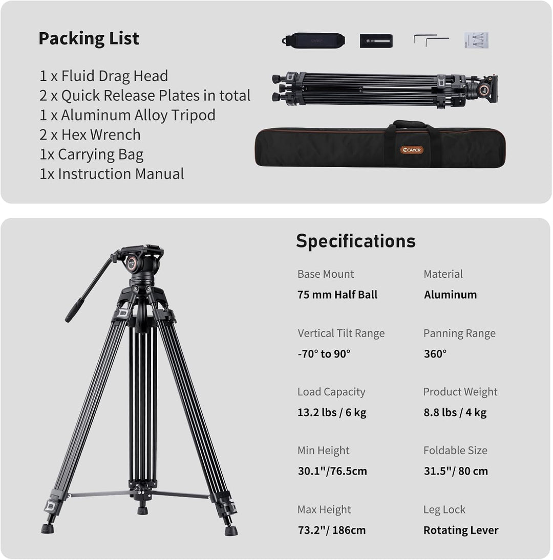 Cayer BF30L Video-Stativ mit Fluid-Kopf, 73" Heavy Duty Stativ mit 360 Grad Fluid-Kopf und Schnellwe