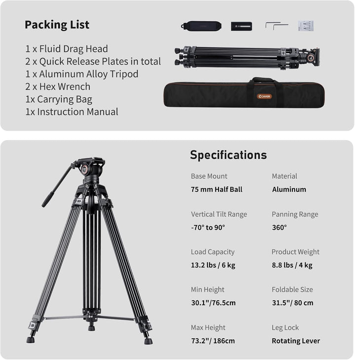 Cayer BF30L Video-Stativ mit Fluid-Kopf, 73" Heavy Duty Stativ mit 360 Grad Fluid-Kopf und Schnellwe