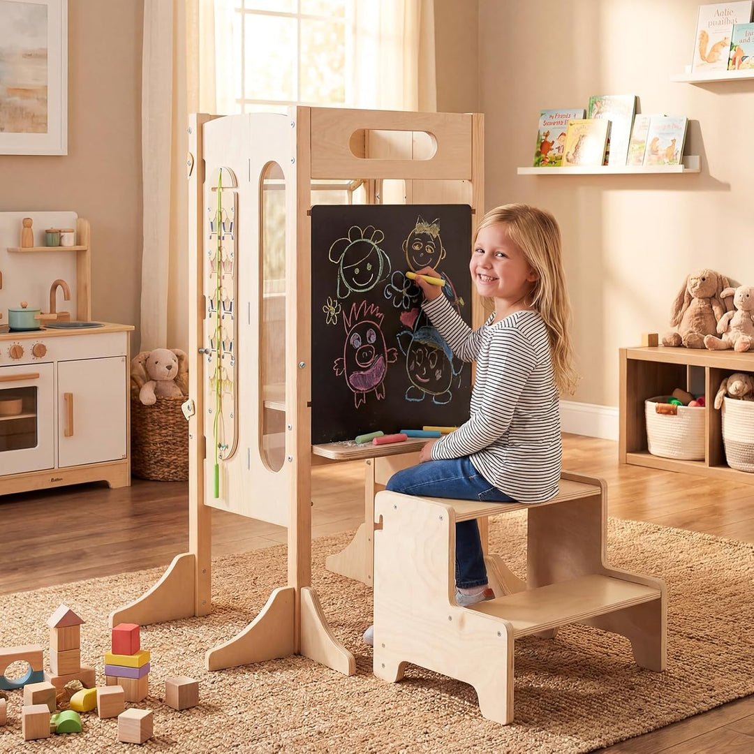 COSTWAY 4 in 1 Lernturm klappbar, Tritthocker aus Holz mit 2-Stufen Hocker, Tafel & abnehmbarem Sich