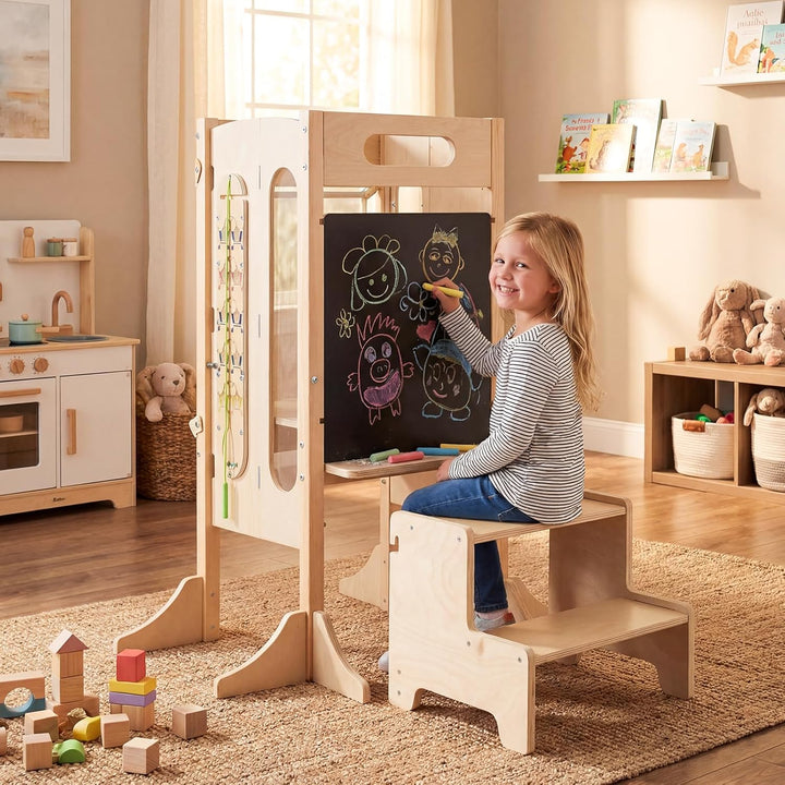 COSTWAY 4 in 1 Lernturm klappbar, Tritthocker aus Holz mit 2-Stufen Hocker, Tafel & abnehmbarem Sich