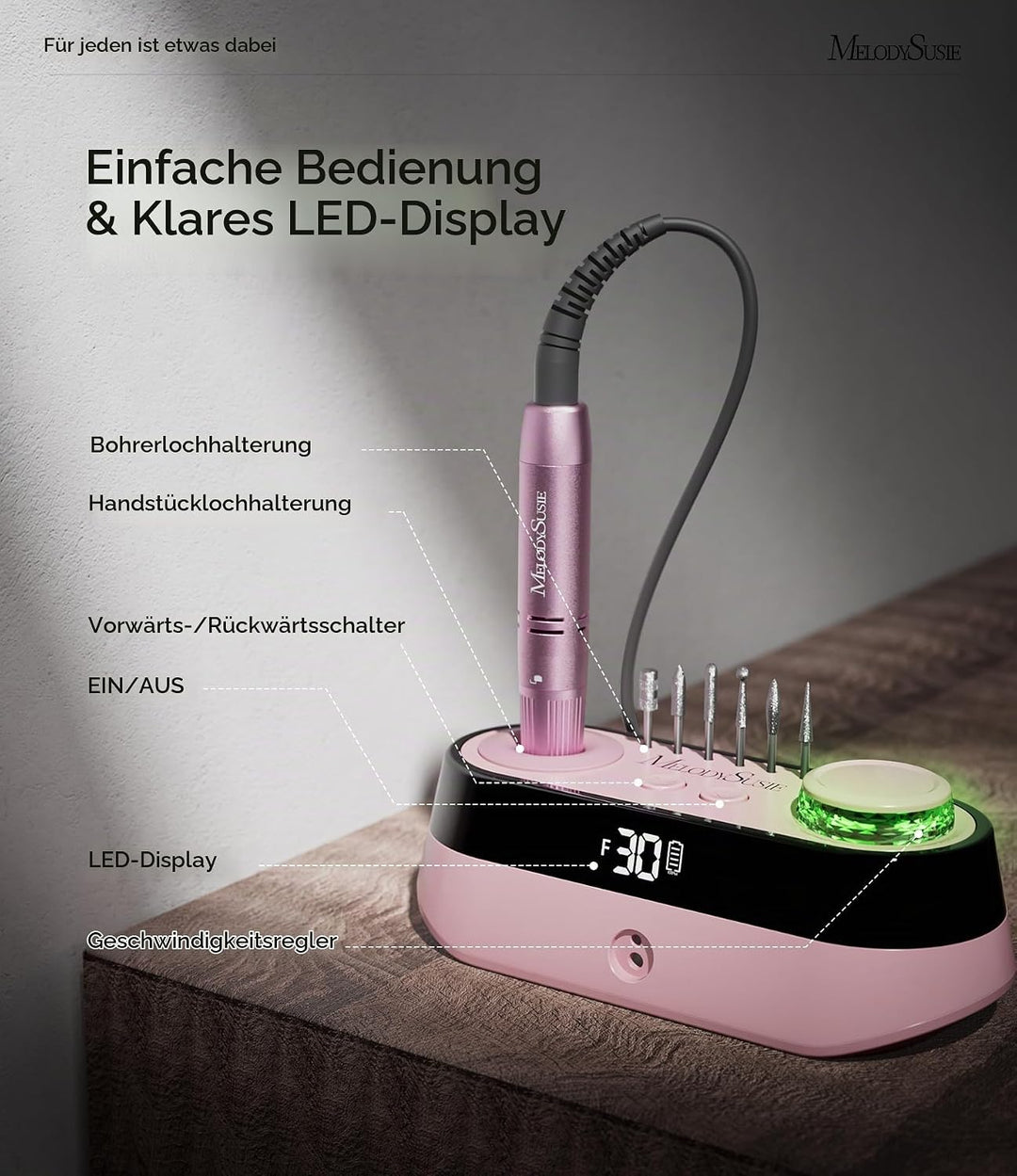 MelodySusie SC320A Professioneller Tisch-Nagelfräser, 30000 U/min Wiederaufladbare Elektrische Nagel