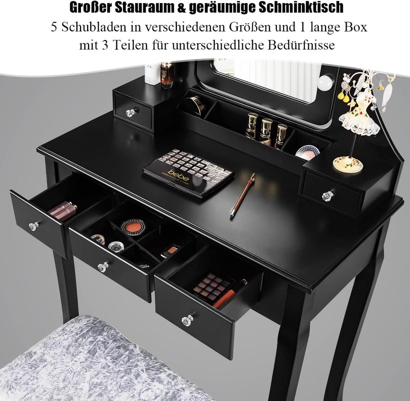 GOPLUS Schminktisch mit Spiegel und 10 LED-Birne, Kosmetiktisch mit 5 Schubladen und Organisator, Fr