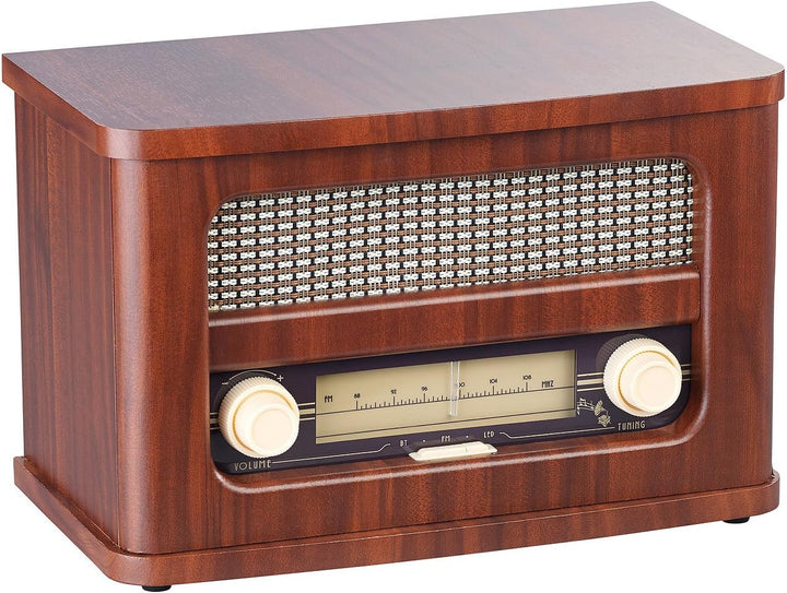 auvisio Nostalgie Radio: Nostalgisches Stereo-FM-Radio 12W, Holz, Akku, Bluetooth, USB Ladeport (Rad