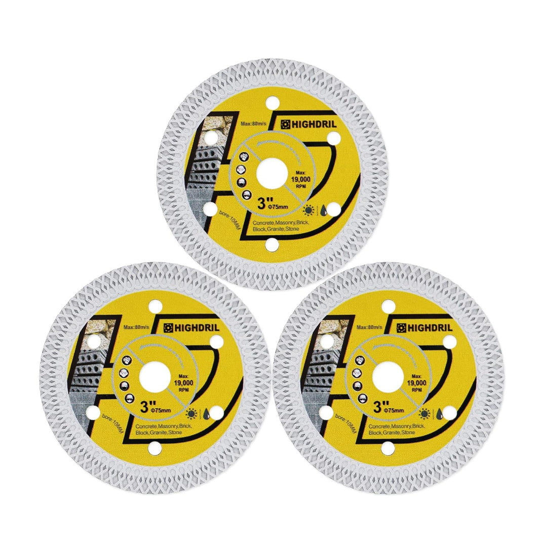 HIGHDRIL Diamant-Fliesenscheibe 75mm x 10mm, 3STK X-Zähne Betonsägeblatt für Granit, Hartbeton, Hart