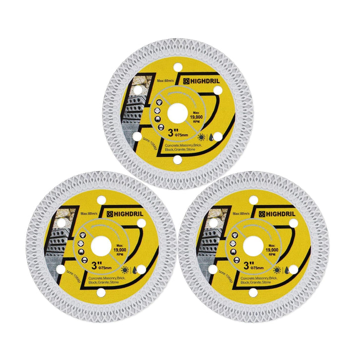 HIGHDRIL Diamant-Fliesenscheibe 75mm x 10mm, 3STK X-Zähne Betonsägeblatt für Granit, Hartbeton, Hart