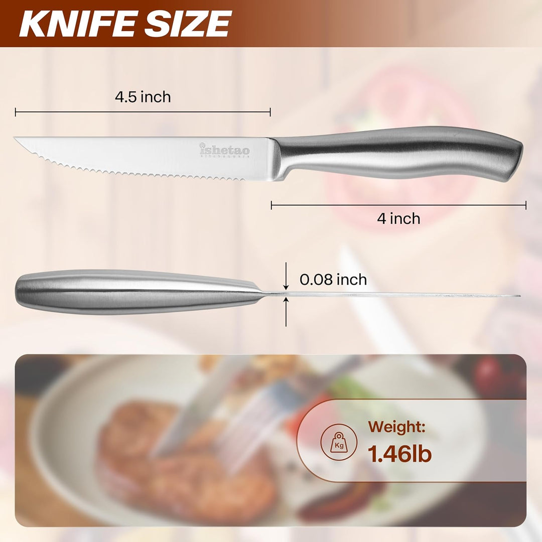 isheTao Steakmesser-Set, 6-teilig, Extra Scharfe Klinge, Wellenschliff, spülmaschinengeeignet, 12 cm