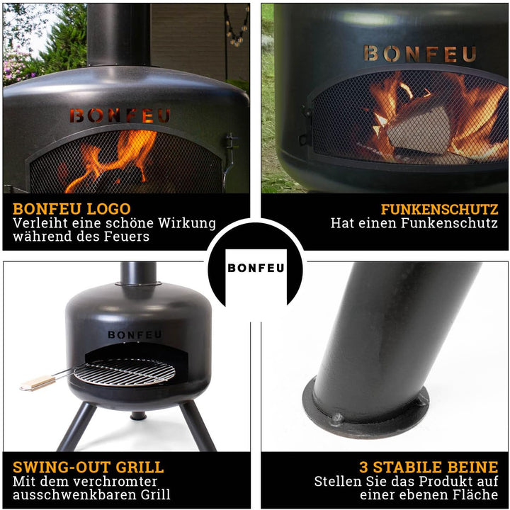 BonFeu BonGiro Schwarz - Terrassenofen - Feuerstelle mit Funkenschutz für entspannte Abende - Feuers