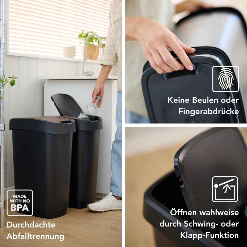 Rotho Twist Mülleimer-Set, 3 Stück, mit Klappdeckel, BPA-frei, schwarz/silber, 10L, 25L und 50L