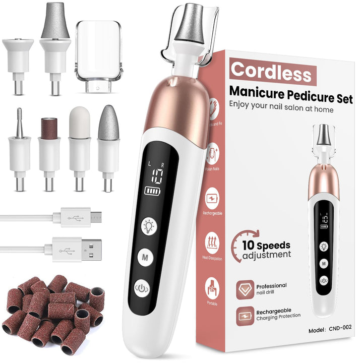 Maniküre/Pediküre Set, Nagelfräser, Kabellos Akku Elektrische Nagelfeile mit 6 Aufsätze zur Nagelpfl